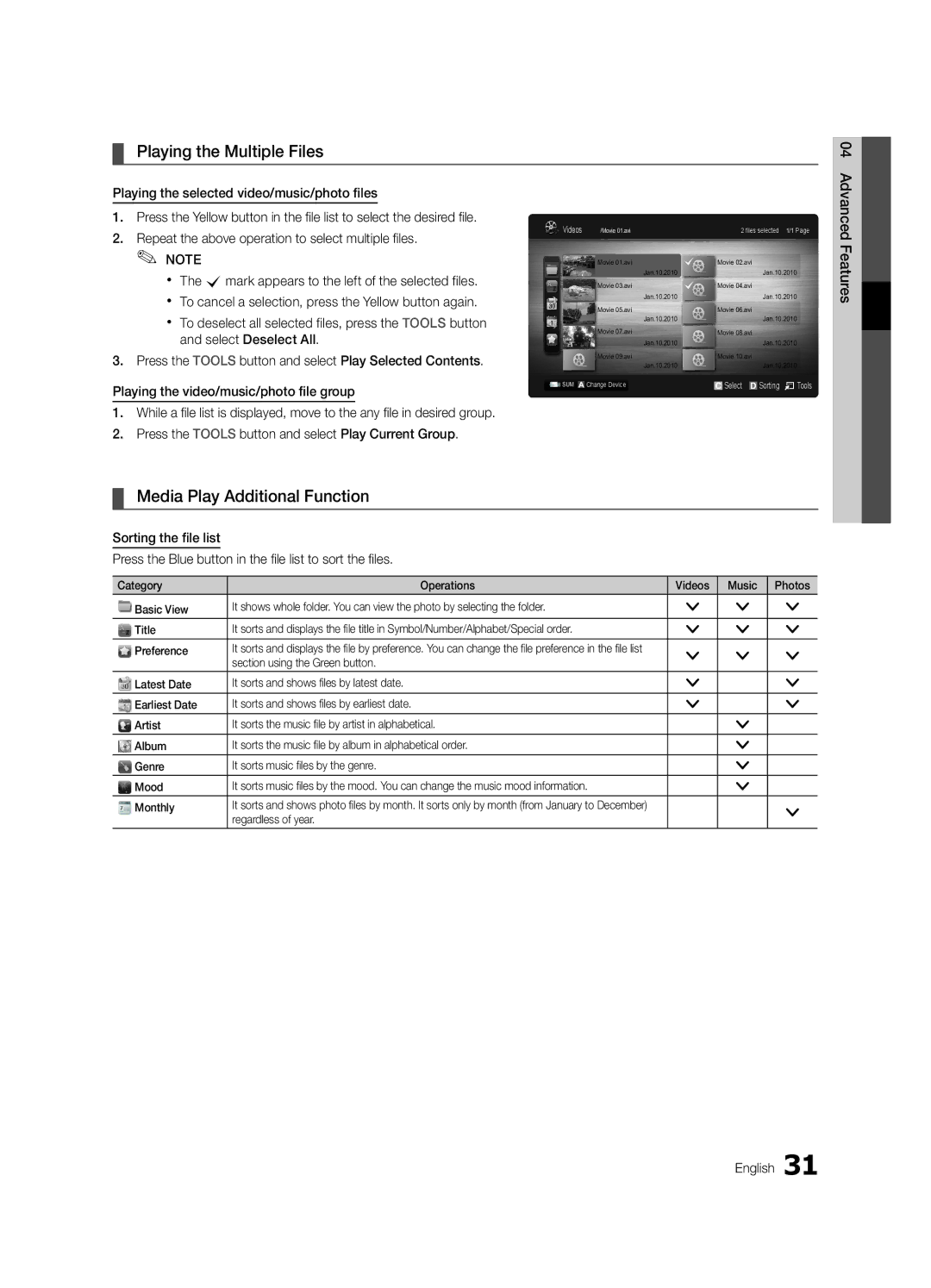 Samsung UA37C5000QRXHC manual Playing the Multiple Files, Media Play Additional Function, Section using the Green button 