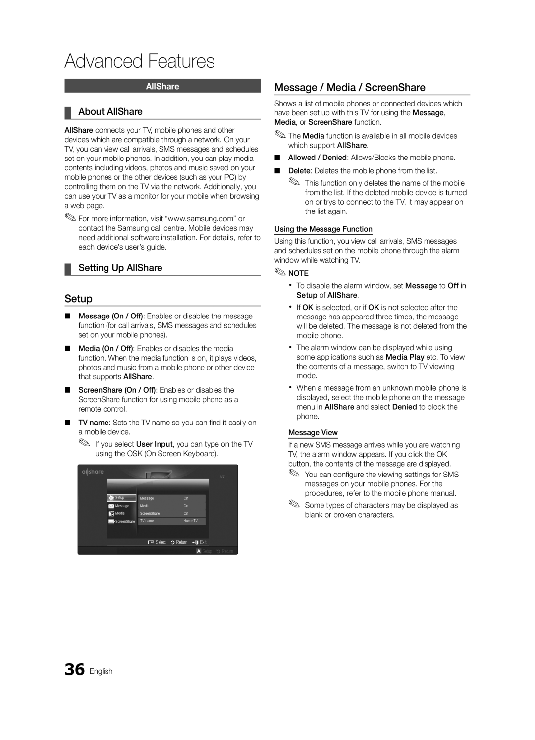 Samsung UA32C5000QRXXV, UA46C5000QRXUM manual Setup, Message / Media / ScreenShare, About AllShare, Setting Up AllShare 