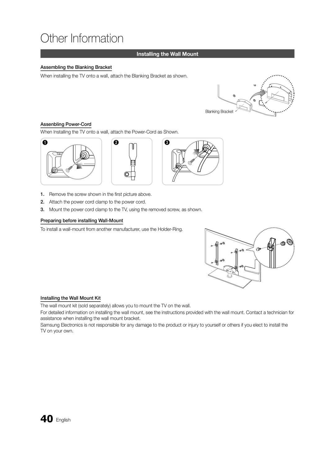 Samsung UA32C5000QRXCS, UA46C5000QRXUM, UA40C5000QRXSV, UA32C5000QRXHC manual Installing the Wall Mount, Blanking Bracket 