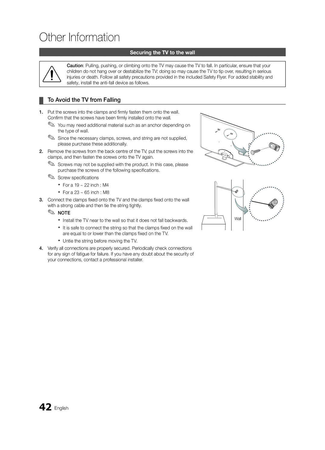 Samsung UA40C5000QRXCS, UA46C5000QRXUM, UA40C5000QRXSV manual To Avoid the TV from Falling, Securing the TV to the wall 