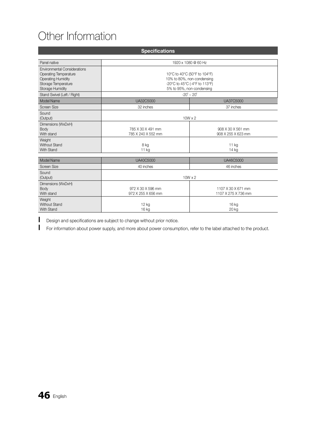 Samsung UA32C5000QRXHC, UA46C5000QRXUM, UA40C5000QRXSV, UA40C5000QRXSJ, UA46C5000QRSHD, UA46C5000QRXHC manual Specifications 