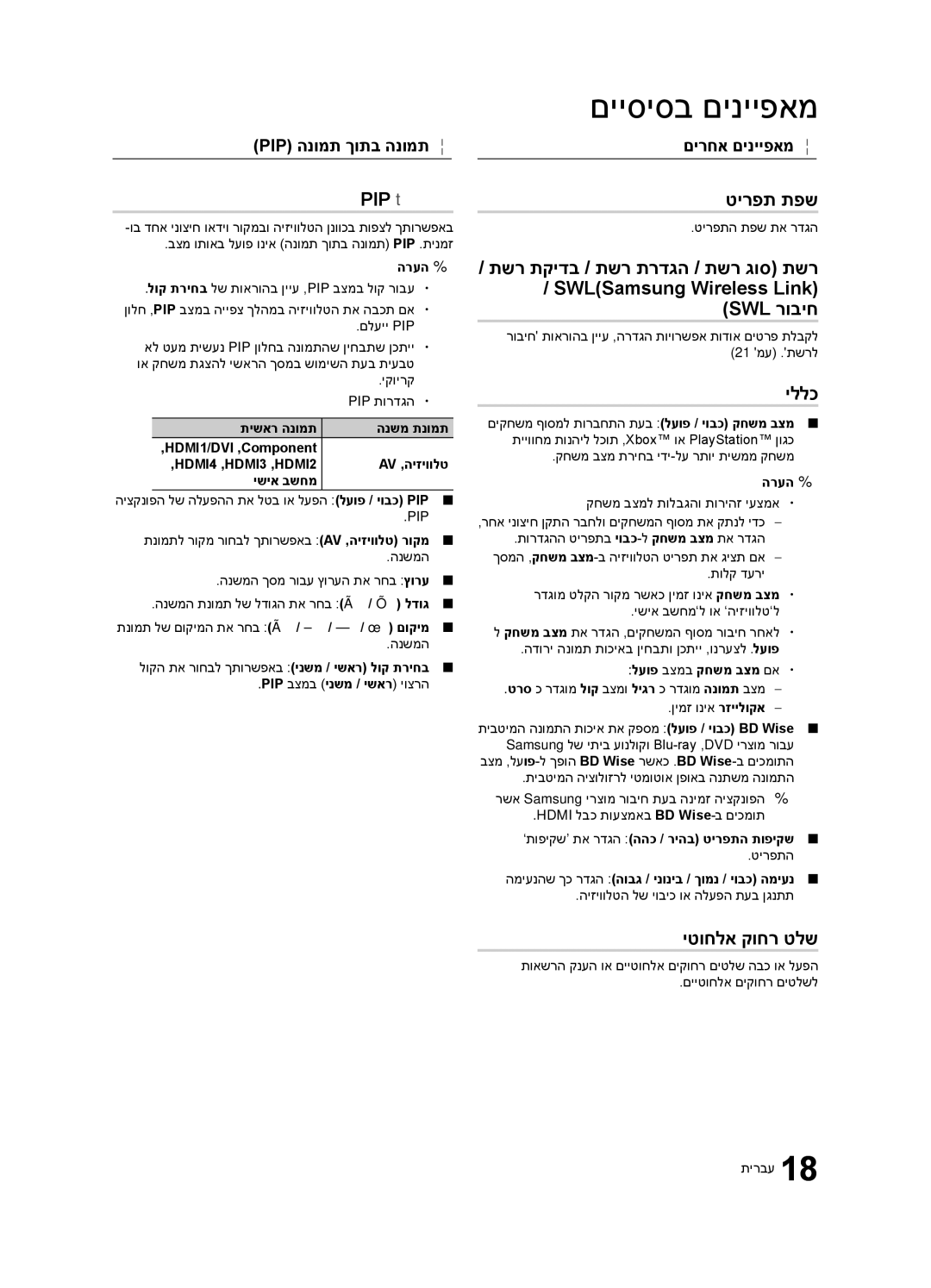 Samsung UA46C6200URXSQ, UA55C6200URXSQ, UA40C6200URXSQ manual PIP t, טירפת תפש, יללכ, יטוחלא קוחר טלש, Pip הנומת ךותב הנומת 