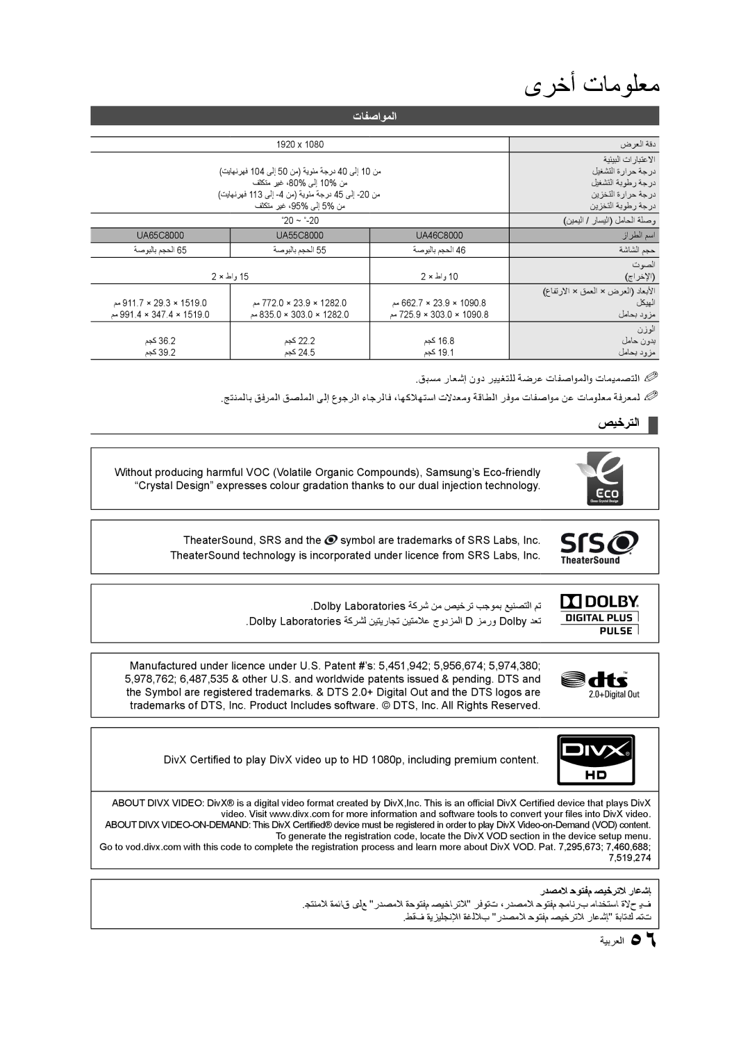 Samsung UA55C8000XRXSW, UA46C8000XRXUM, UA65C8000XRXHC, UA65C8000XRXUM manual تافصاوملا, ردصملا حوتفم صيخرتلا راعشإ 