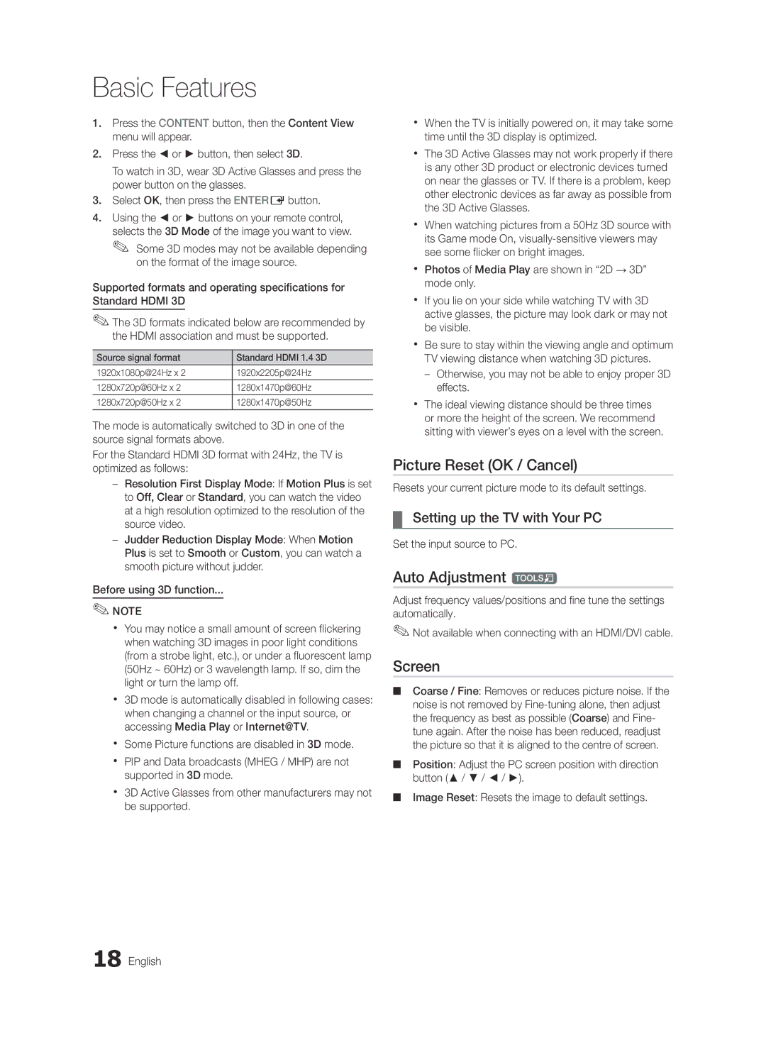 Samsung UA55C8000XRXZN manual Picture Reset OK / Cancel, Auto Adjustment t, Screen, Setting up the TV with Your PC 