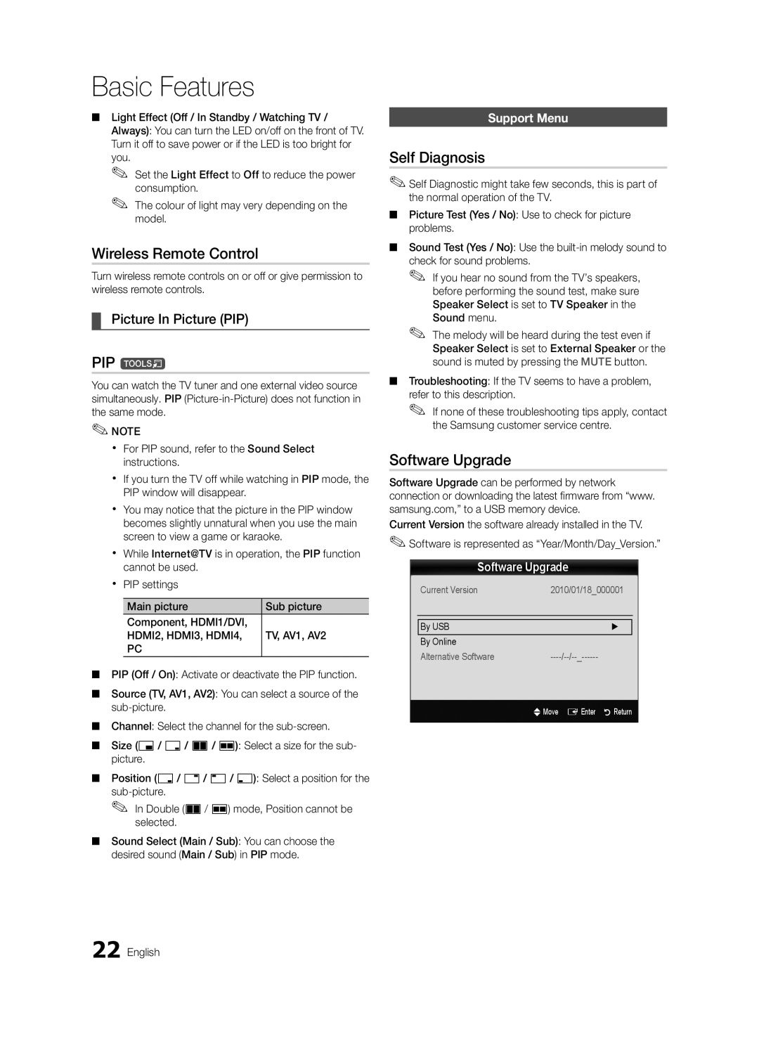 Samsung UA46C8000XRXZN manual Wireless Remote Control, PIP t, Self Diagnosis, Software Upgrade, Picture In Picture PIP 