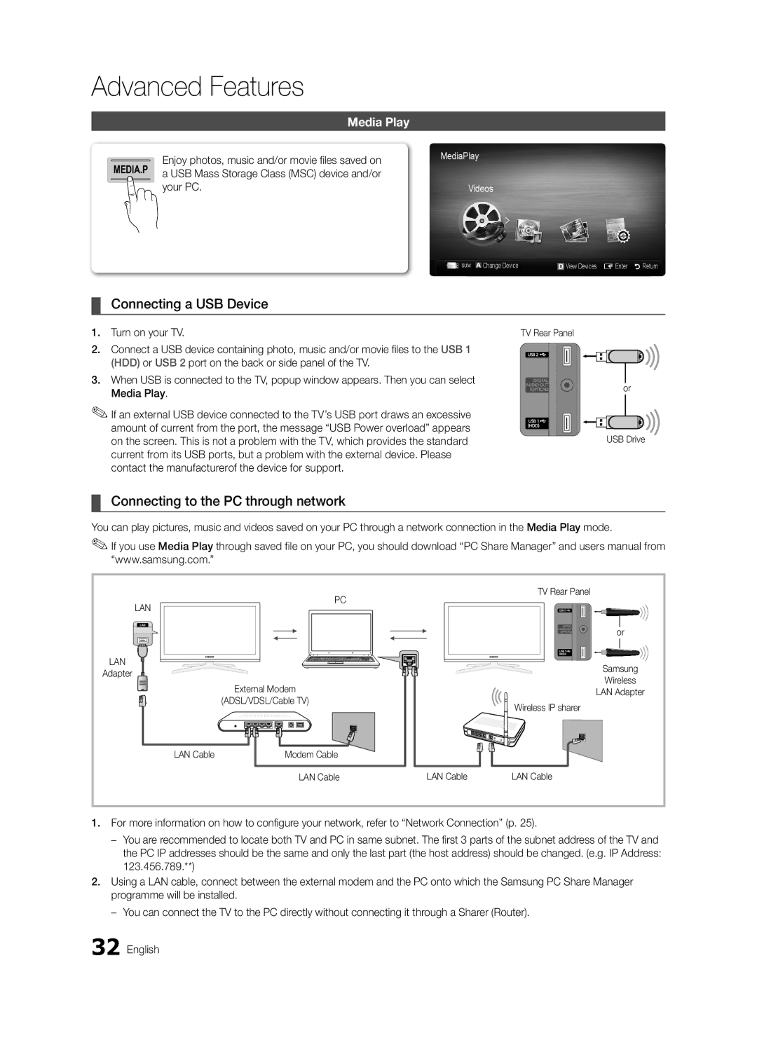 Samsung UA65C8000XRXHC Connecting a USB Device, Connecting to the PC through network, Media Play, Your PC, Turn on your TV 