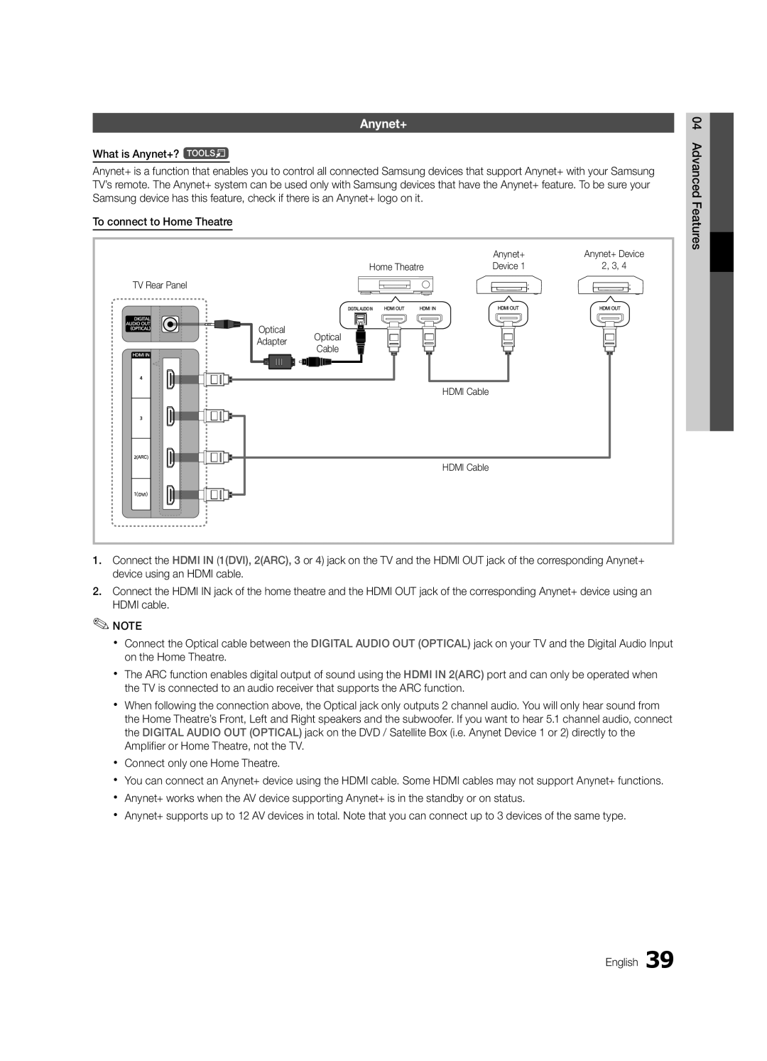 Samsung UA55C8000XRXSW, UA46C8000XRXUM manual What is Anynet+? t Advanced, Features, To connect to Home Theatre 