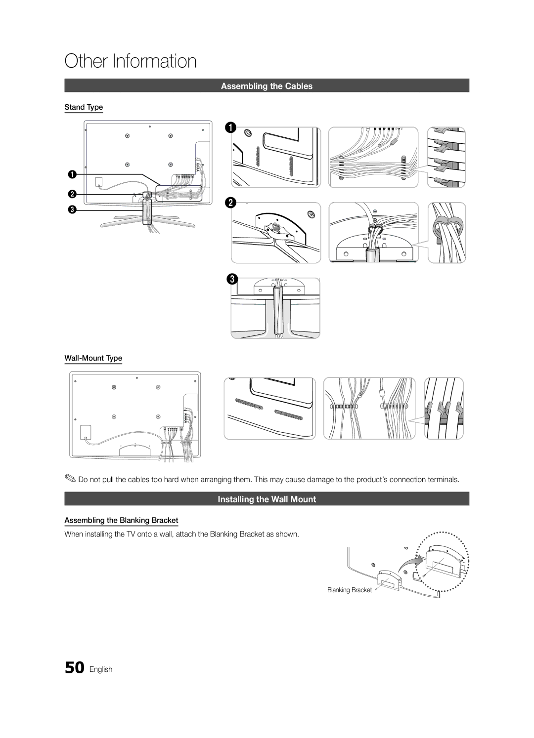 Samsung UA55C8000XRXKE, UA46C8000XRXUM, UA65C8000XRXHC Assembling the Cables, Installing the Wall Mount, Blanking Bracket 