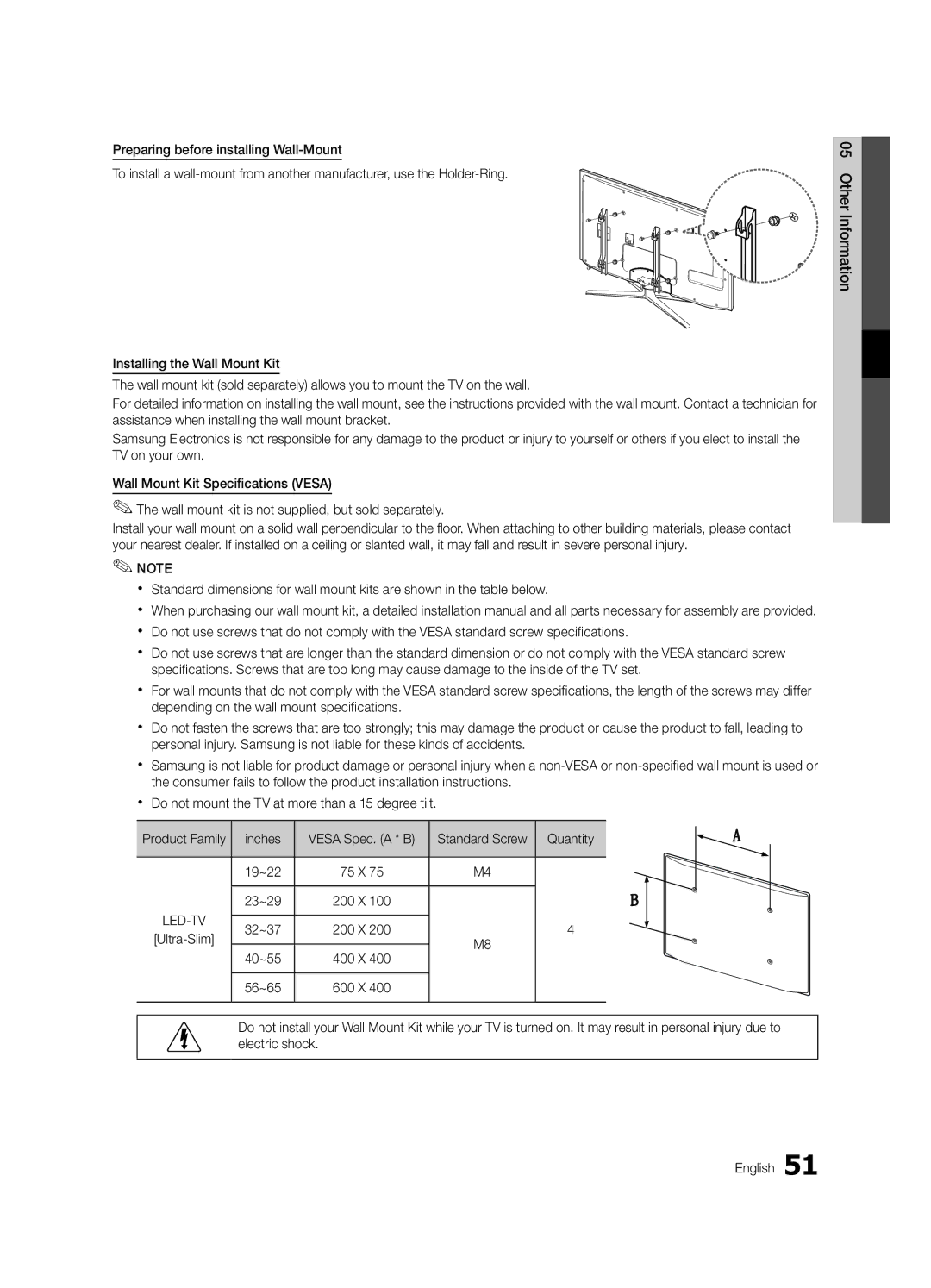 Samsung UA55C8000XRSHD, UA46C8000XRXUM, UA65C8000XRXHC, UA65C8000XRXUM manual Quantity, 19~22, 23~29, 32~37, 40~55, 56~65 