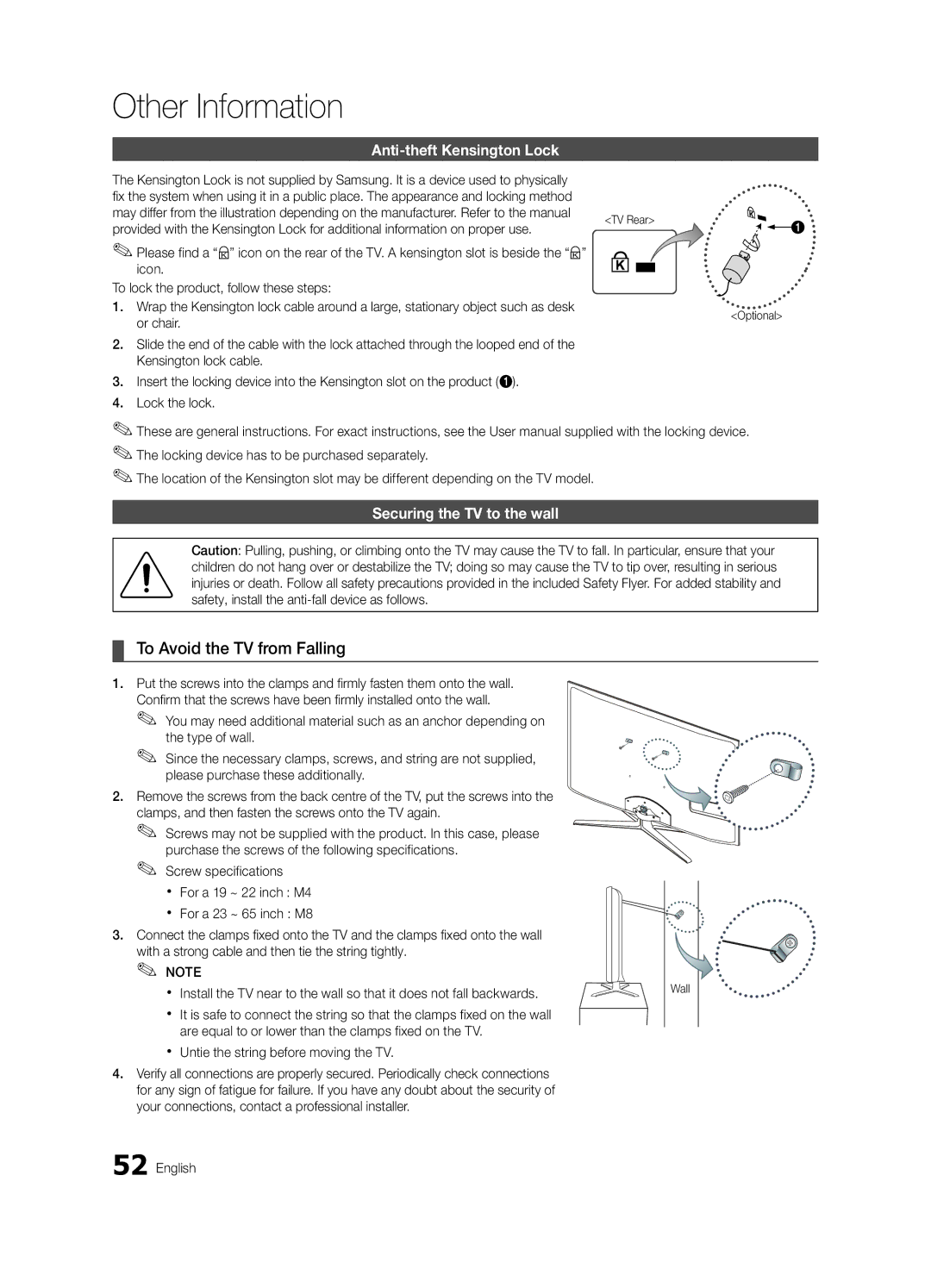 Samsung UA46C8000XRXKE To Avoid the TV from Falling, Anti-theft Kensington Lock, Securing the TV to the wall, Or chair 