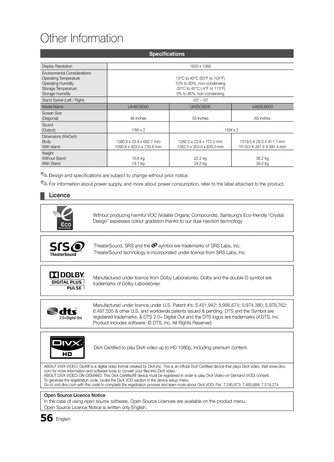 Samsung UA46C8000XRXXV, UA46C8000XRXUM, UA65C8000XRXHC, UA65C8000XRXUM, UA46C8000XRXTW, UA46C8000XRXSJ Licence, Specifications 