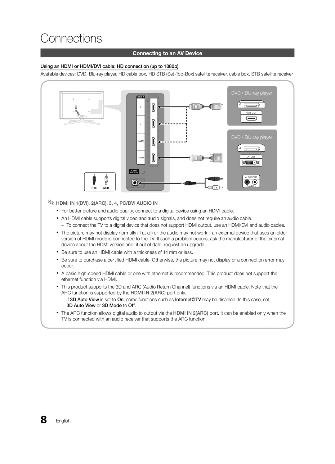 Samsung UA55C8000XRXSW manual Connecting to an AV Device, Using an Hdmi or HDMI/DVI cable HD connection up to 1080p 