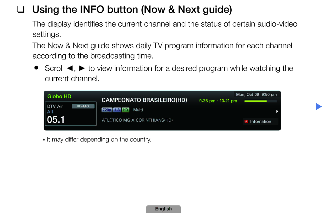 Samsung UA46D5000PMXSQ manual Using the Info button Now & Next guide 