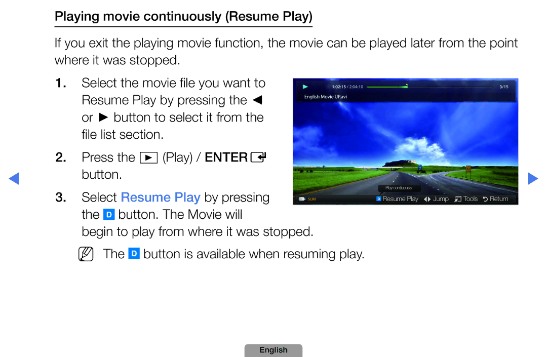 Samsung UA46D5000PMXSQ manual Begin to play from where it was stopped 