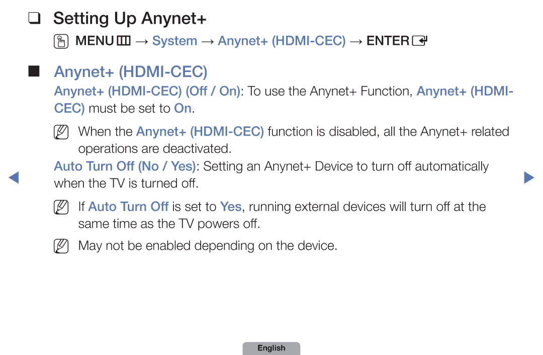 Samsung UA46D5000PMXSQ manual Setting Up Anynet+, OOMENUm → System → Anynet+ HDMI-CEC → Entere 