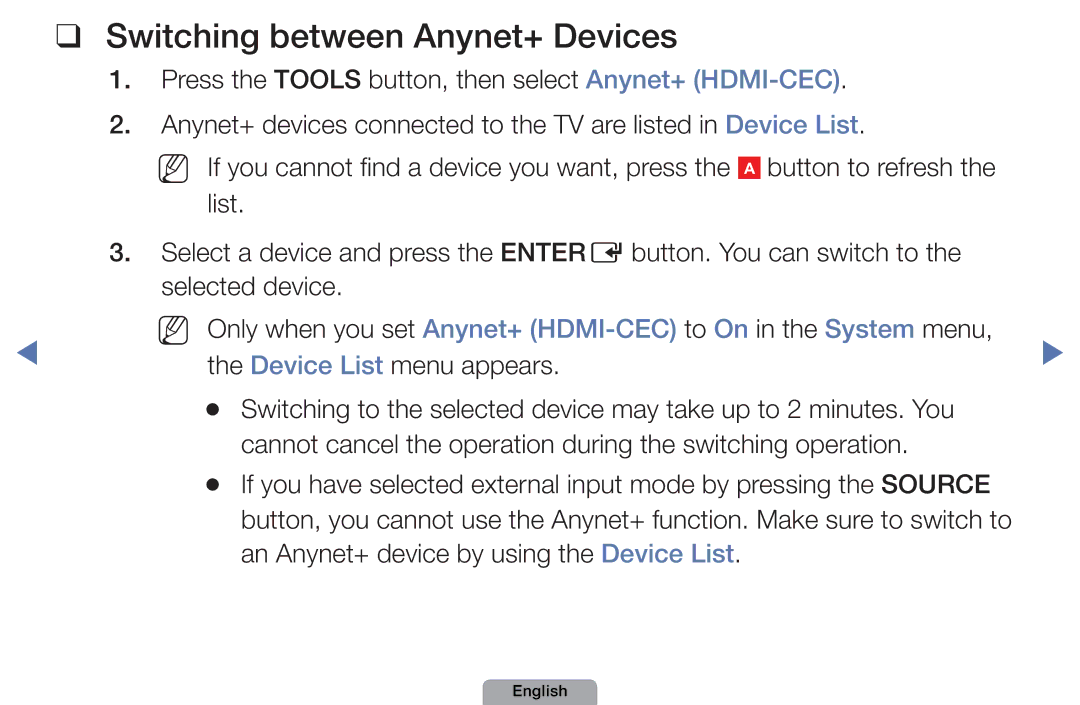 Samsung UA46D5000PMXSQ manual Switching between Anynet+ Devices 