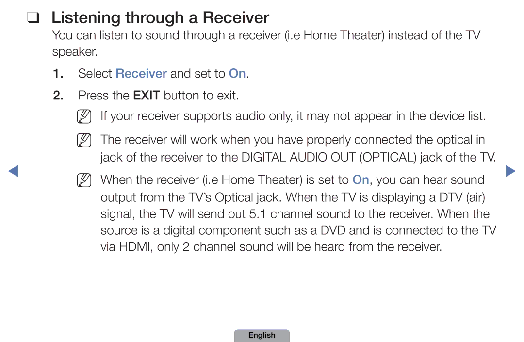 Samsung UA46D5000PMXSQ manual Listening through a Receiver 