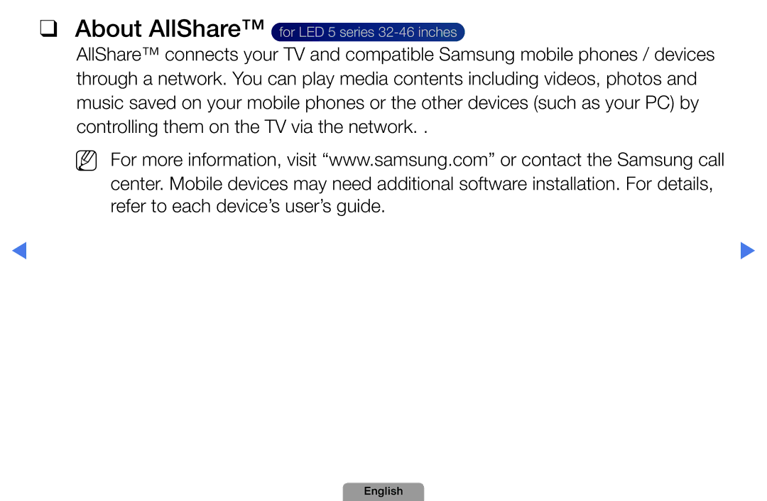 Samsung UA46D5000PMXSQ manual About AllShare for LED 5 series 32-46 inches 