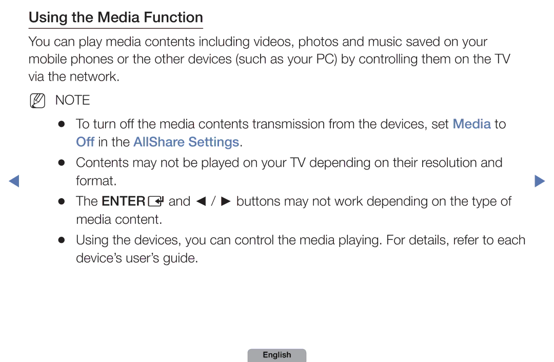 Samsung UA46D5000PMXSQ manual Using the Media Function, Off in the AllShare Settings 