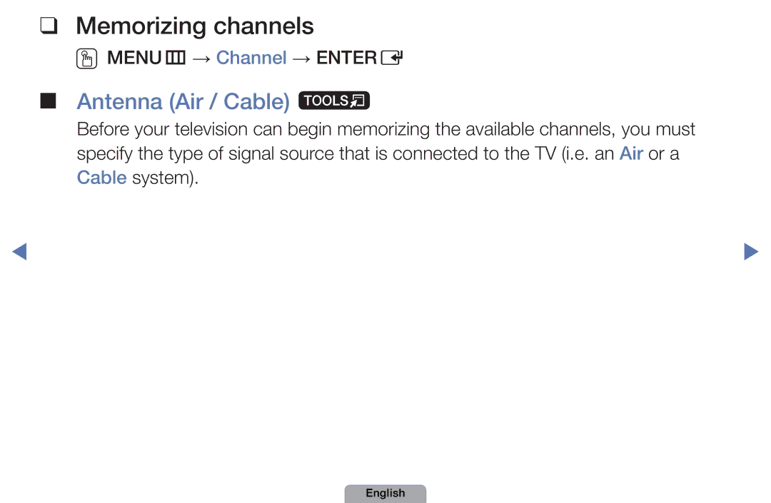 Samsung UA46D5000PMXSQ manual Memorizing channels, Antenna Air / Cable t 