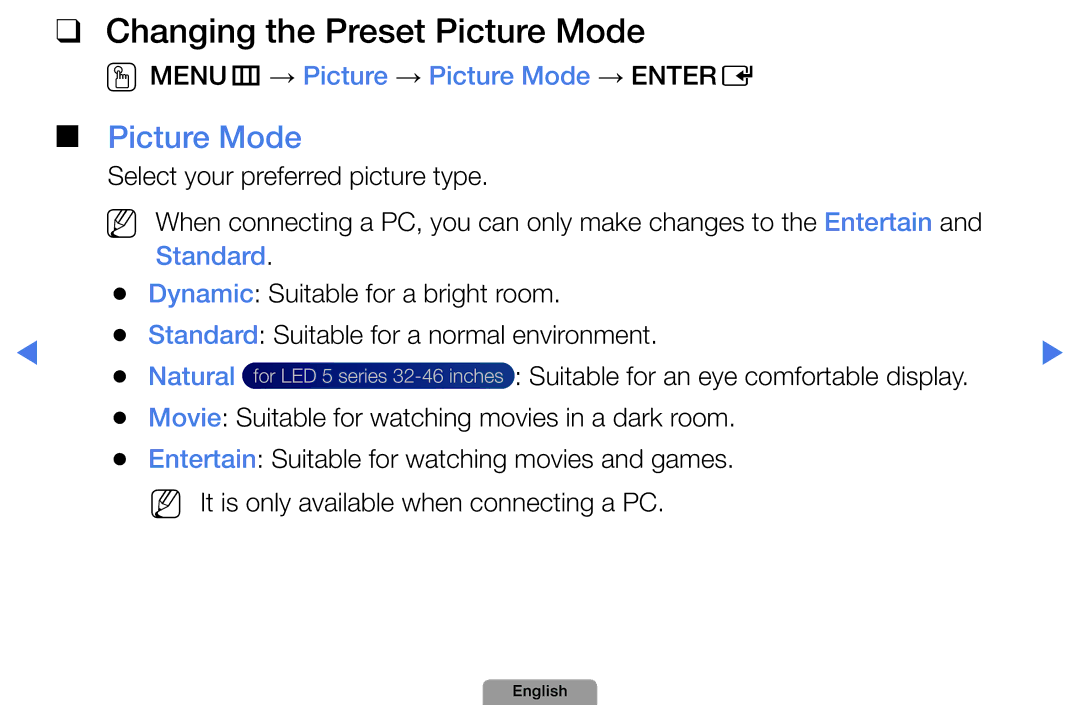 Samsung UA46D5000PMXSQ Changing the Preset Picture Mode, OOMENUm → Picture → Picture Mode → Entere, Standard, Natural 