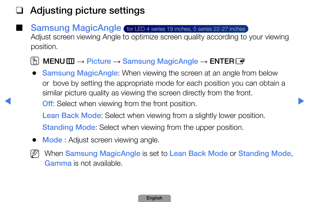 Samsung UA46D5000PMXSQ manual Adjusting picture settings, OOMENUm → Picture → Samsung MagicAngle → Entere 