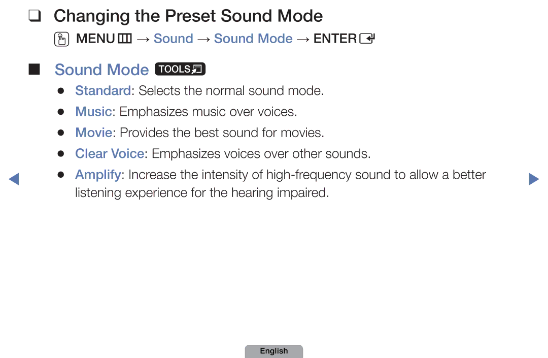 Samsung UA46D5000PMXSQ manual Changing the Preset Sound Mode, Sound Mode t, OOMENUm → Sound → Sound Mode → Entere 