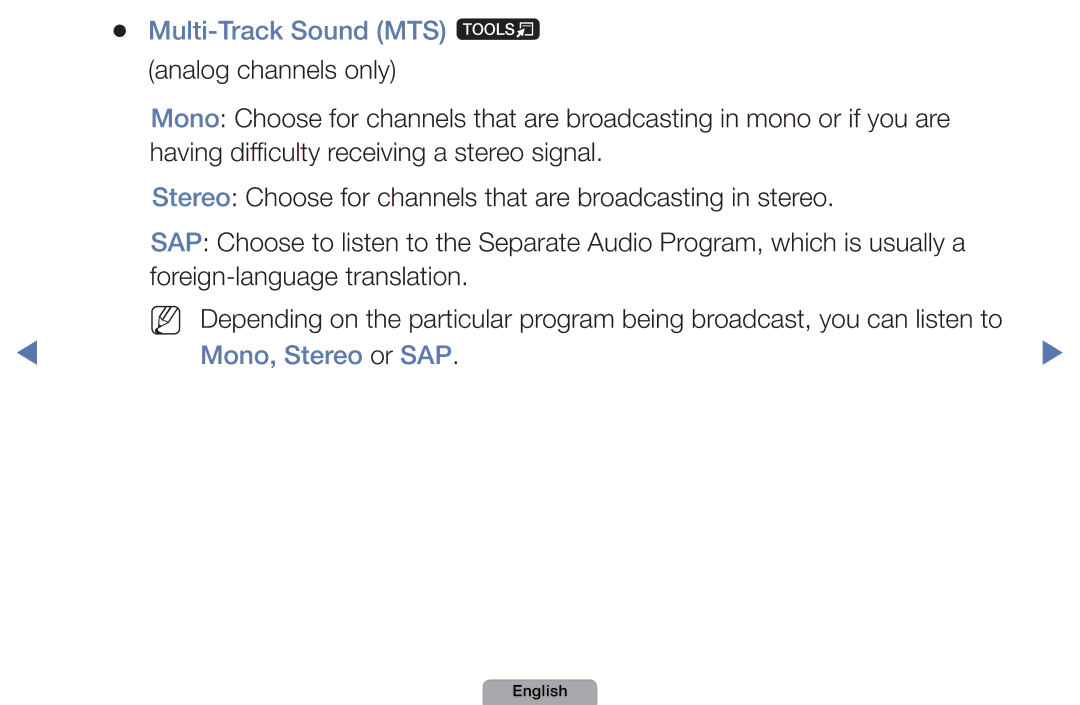 Samsung UA46D5000PMXSQ manual Multi-Track Sound MTS t, Mono, Stereo or SAP 