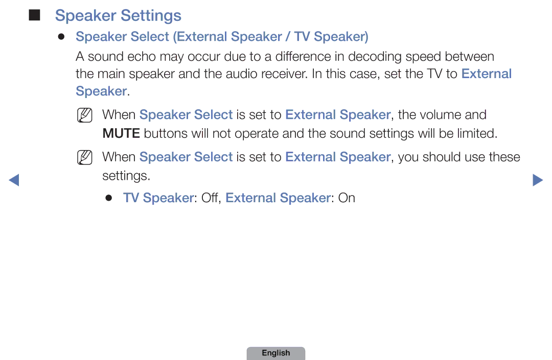 Samsung UA46D5000PMXSQ Speaker Settings, Speaker Select External Speaker / TV Speaker, TV Speaker Off, External Speaker On 