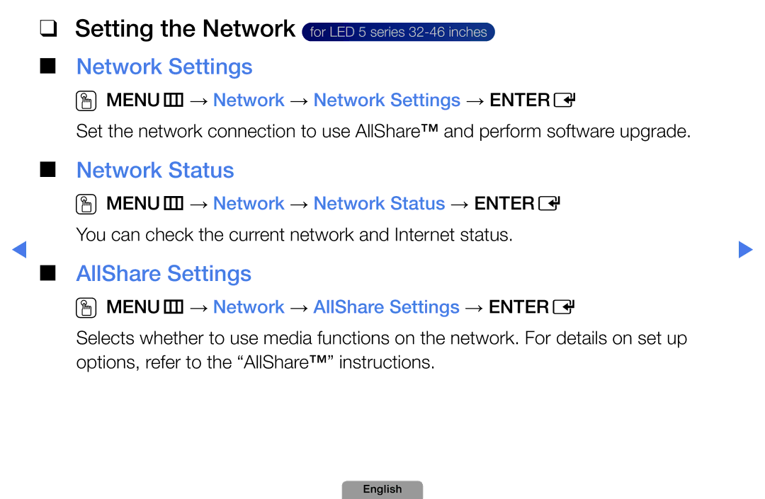 Samsung UA46D5000PMXSQ manual Setting the Network, Network Settings, Network Status, AllShare Settings 