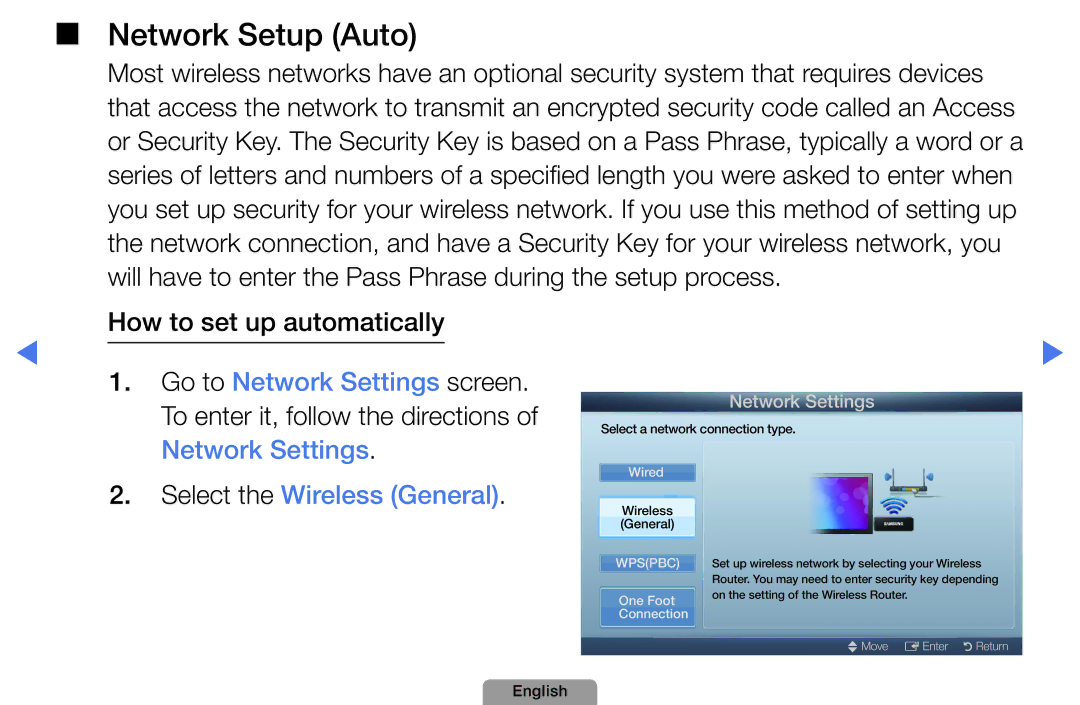 Samsung UA46D5000PMXSQ manual Go to Network Settings screen, Select the Wireless General 