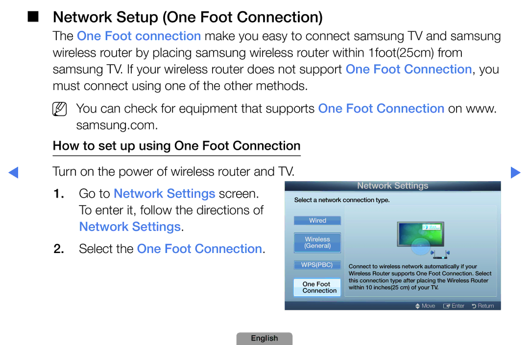 Samsung UA46D5000PMXSQ manual Network Setup One Foot Connection, Select the One Foot Connection 