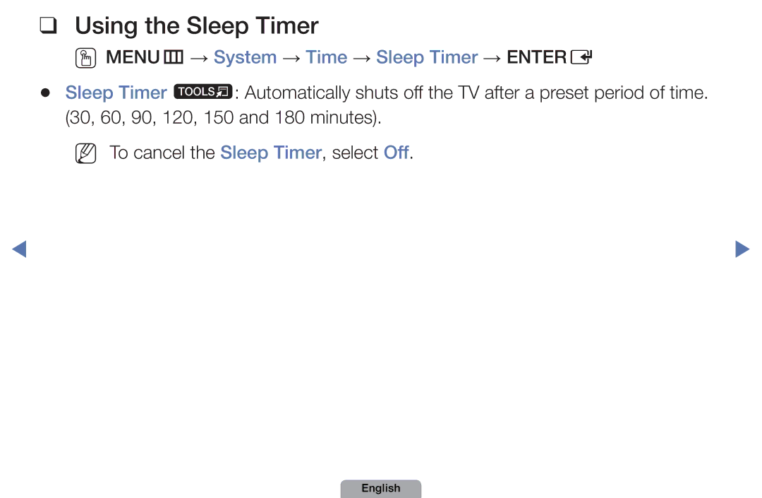 Samsung UA46D5000PMXSQ manual Using the Sleep Timer, OOMENUm → System → Time → Sleep Timer → Entere 