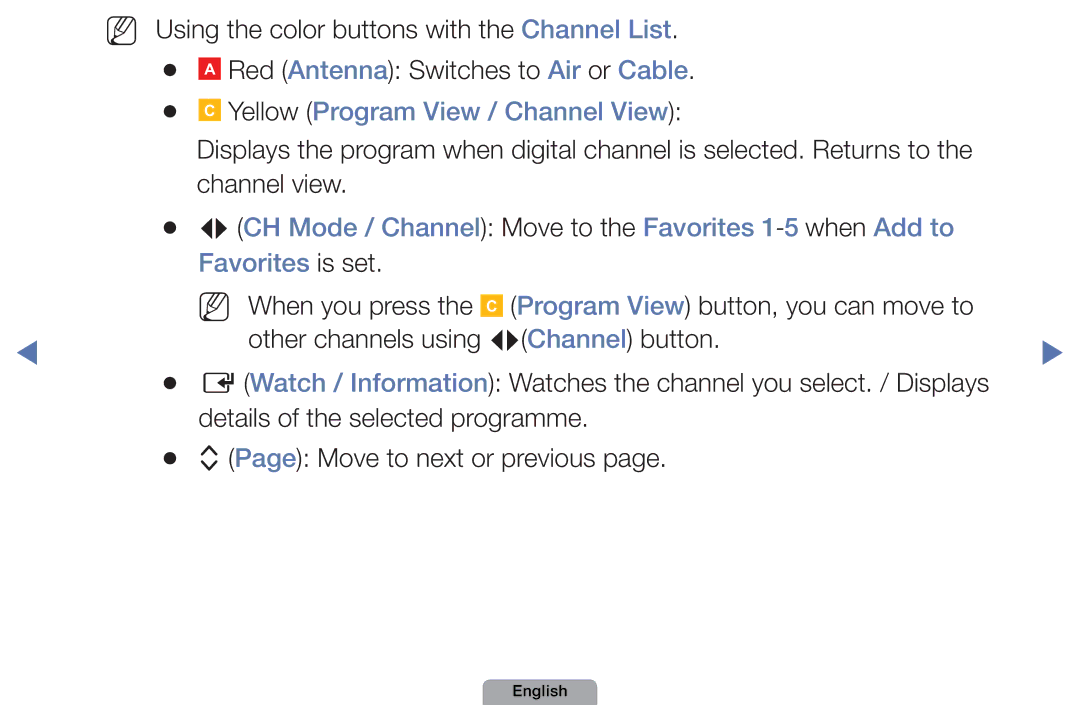 Samsung UA46D5000PMXSQ manual NN Using the color buttons with the Channel List 