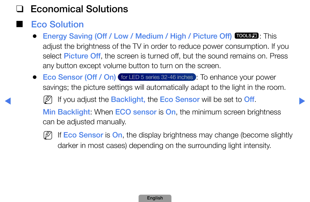 Samsung UA46D5000PMXSQ manual Economical Solutions, Eco Solution, Eco Sensor Off / On 