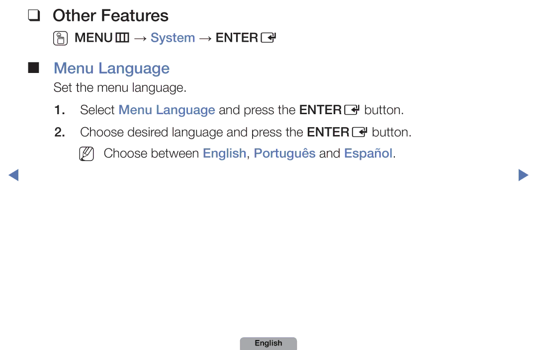 Samsung UA46D5000PMXSQ manual Menu Language, NN Choose between English, Português and Español 