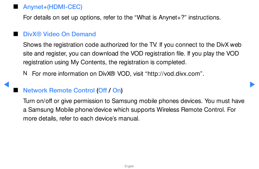 Samsung UA40D5500RMXSQ, UA46D5500RMXSQ manual Anynet+HDMI-CEC, DivX Video On Demand, Network Remote Control Off / On 