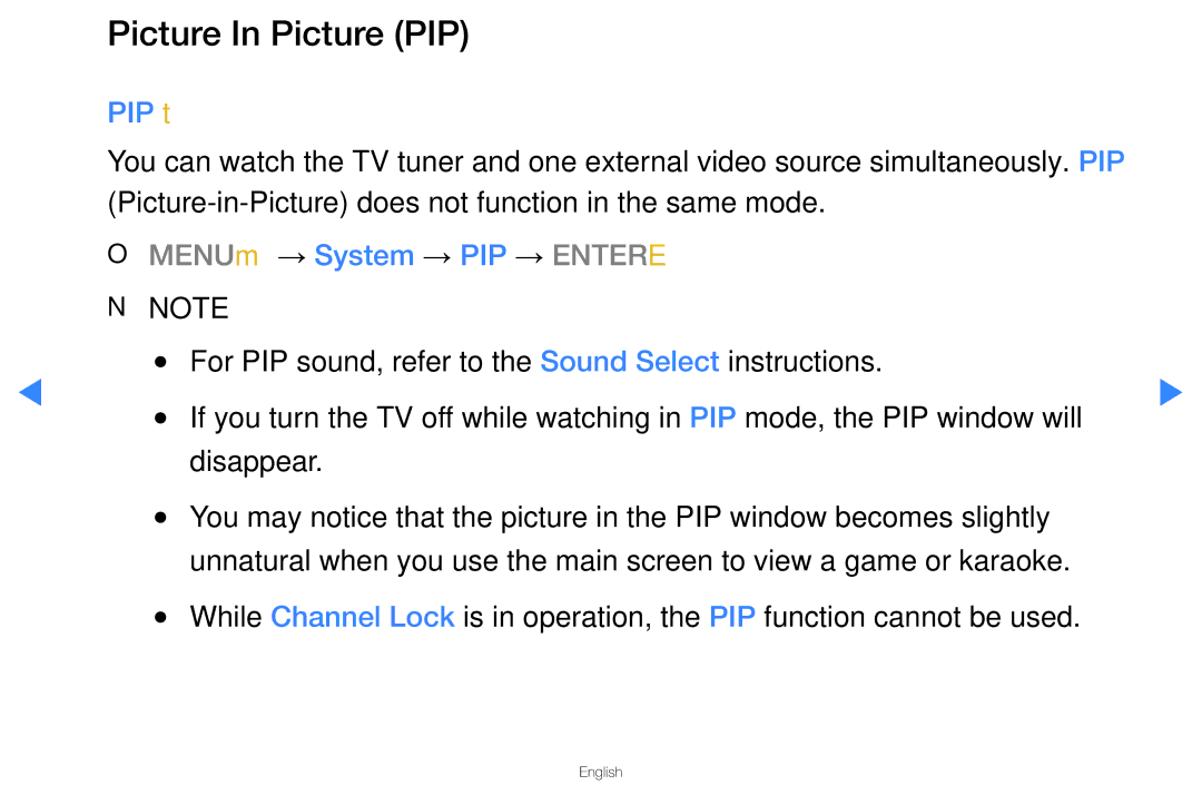 Samsung UA46D5500RMXSQ, UA40D5500RMXSQ manual Picture In Picture PIP, PIP t, OO MENUm → System → PIP → Entere 