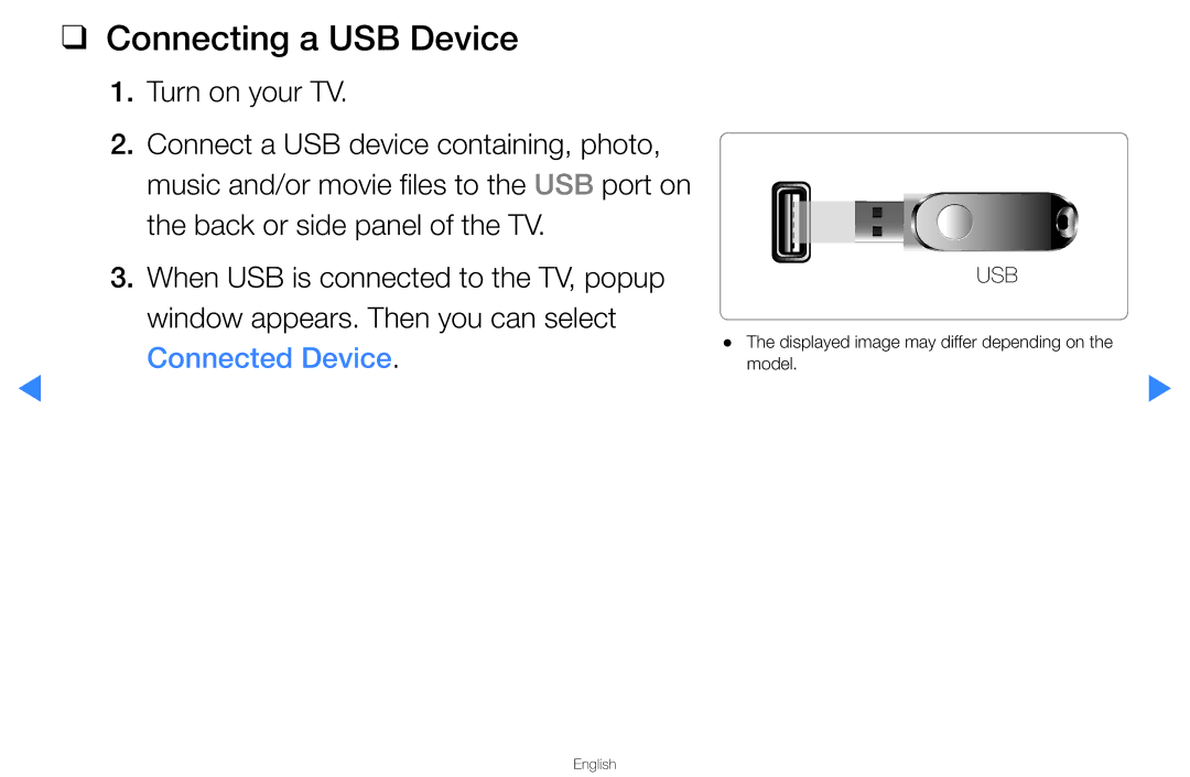 Samsung UA40D5500RMXSQ, UA46D5500RMXSQ manual Connecting a USB Device, Connected Device 