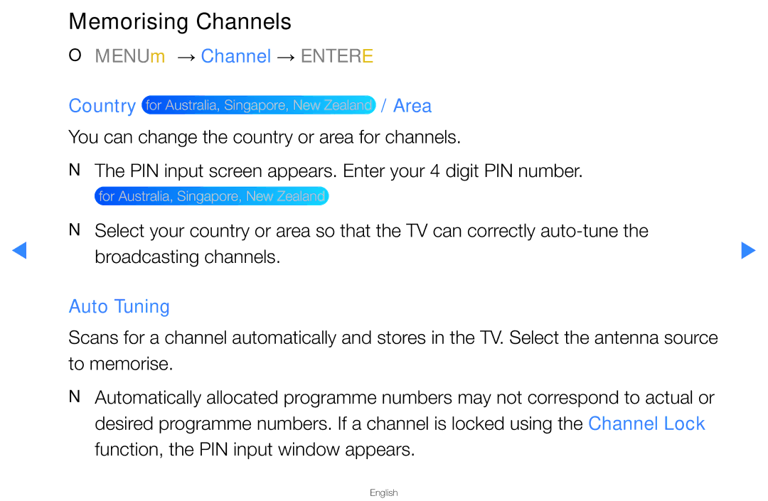 Samsung UA40D5500RMXSQ, UA46D5500RMXSQ manual Memorising Channels, Area, Auto Tuning 