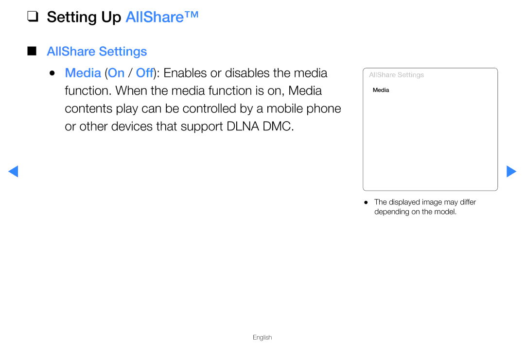 Samsung UA46D5500RMXSQ, UA40D5500RMXSQ manual Setting Up AllShare, AllShare Settings 