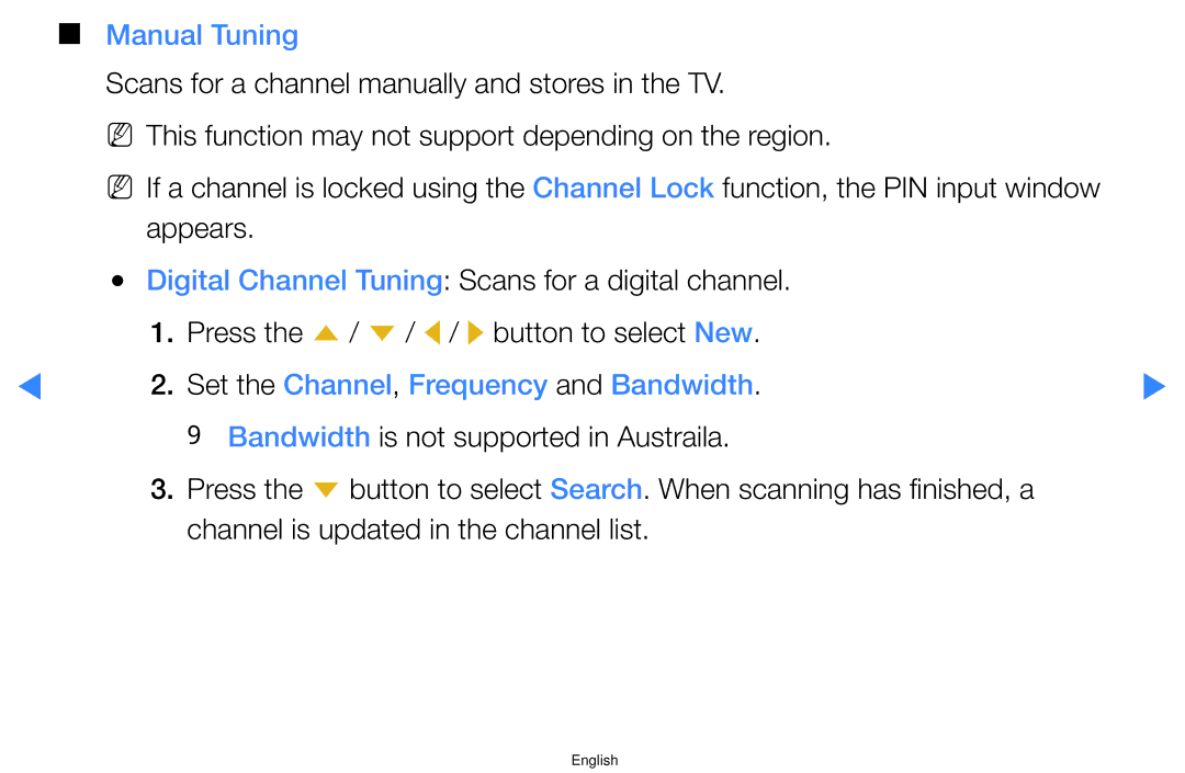 Samsung UA46D5500RMXSQ, UA40D5500RMXSQ manual Manual Tuning, Set the Channel, Frequency and Bandwidth 