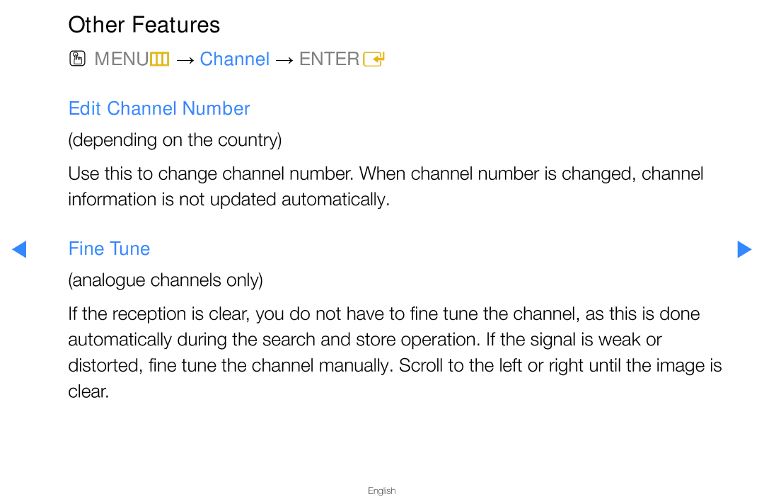 Samsung UA40D5500RMXSQ, UA46D5500RMXSQ manual Other Features, Edit Channel Number, Fine Tune 