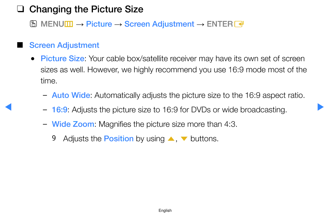 Samsung UA40D5500RMXSQ, UA46D5500RMXSQ Changing the Picture Size, OO MENUm → Picture → Screen Adjustment → Entere, Time 