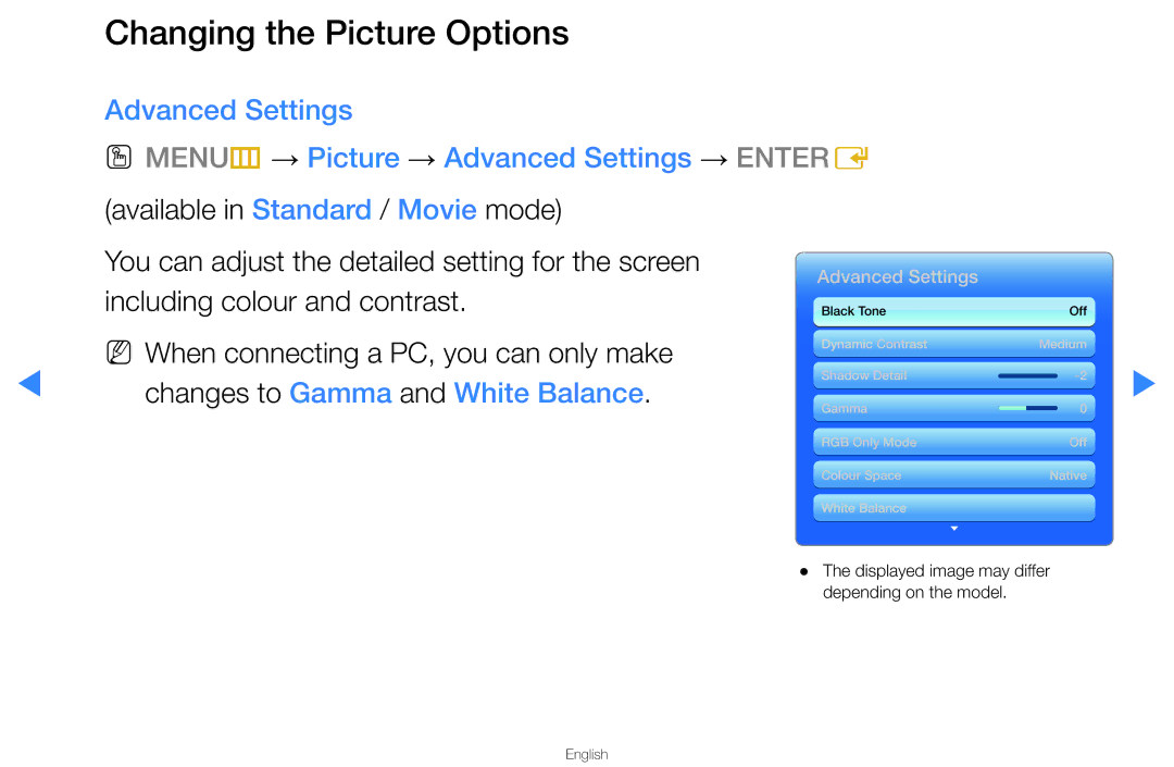 Samsung UA40D5500RMXSQ Changing the Picture Options, Available in Standard / Movie mode, Including colour and contrast 