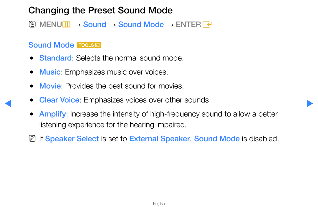 Samsung UA40D5500RMXSQ, UA46D5500RMXSQ Changing the Preset Sound Mode, OO MENUm → Sound → Sound Mode → Entere Sound Mode t 