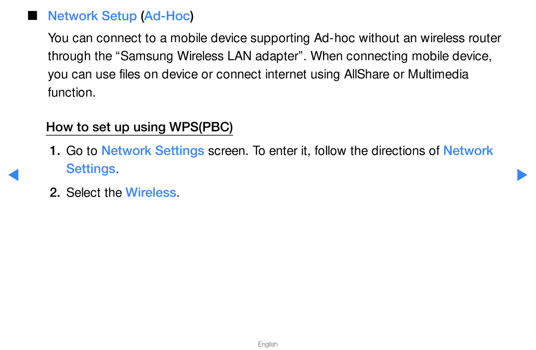 Samsung UA46D5500RMXSQ, UA40D5500RMXSQ manual Network Setup Ad-Hoc, Settings, Select the Wireless 