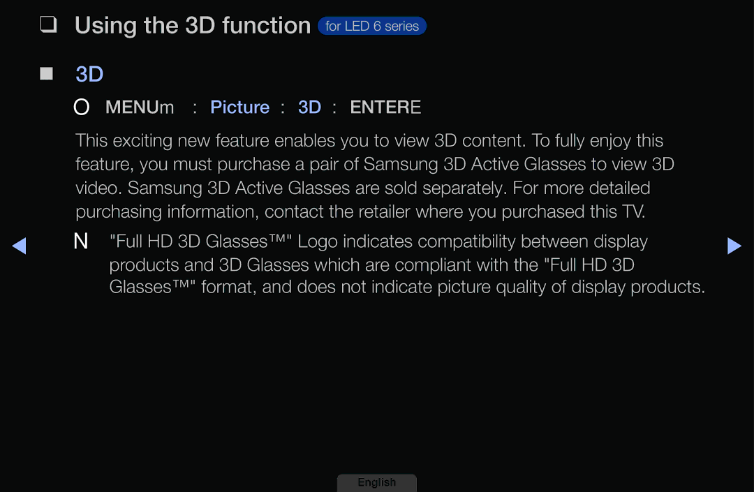 Samsung UA39EH5003MXSQ, UA46EH6030MXSQ, UA32EH4003MXSQ, UA40EH6030MXSQ manual Using the 3D function for LED 6 series 