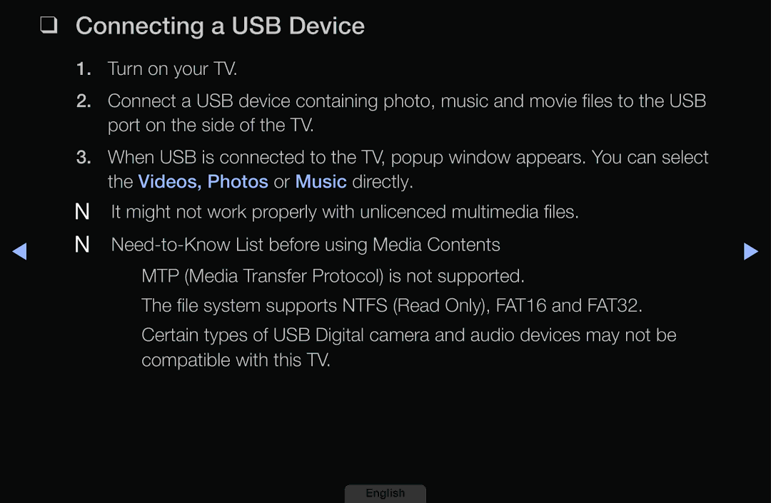 Samsung UA46EH6030MXSQ, UA32EH4003MXSQ, UA40EH6030MXSQ, UA39EH5003MXSQ manual Connecting a USB Device 