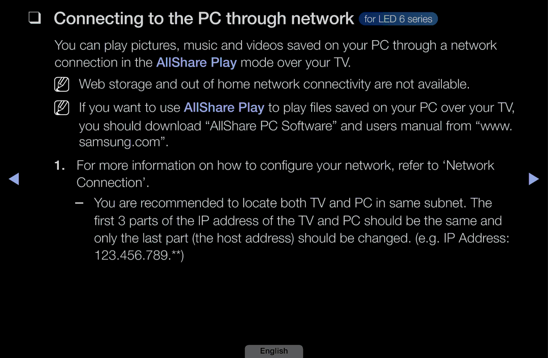 Samsung UA40EH6030MXSQ Connecting to the PC through network for LED 6 series, Address of the TV and PC should be the same 